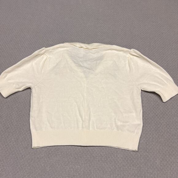 Collectif Cardigan Sweater Womens 8 White Flower Knit Collared Preppy Cropped - Picture 2 of 8